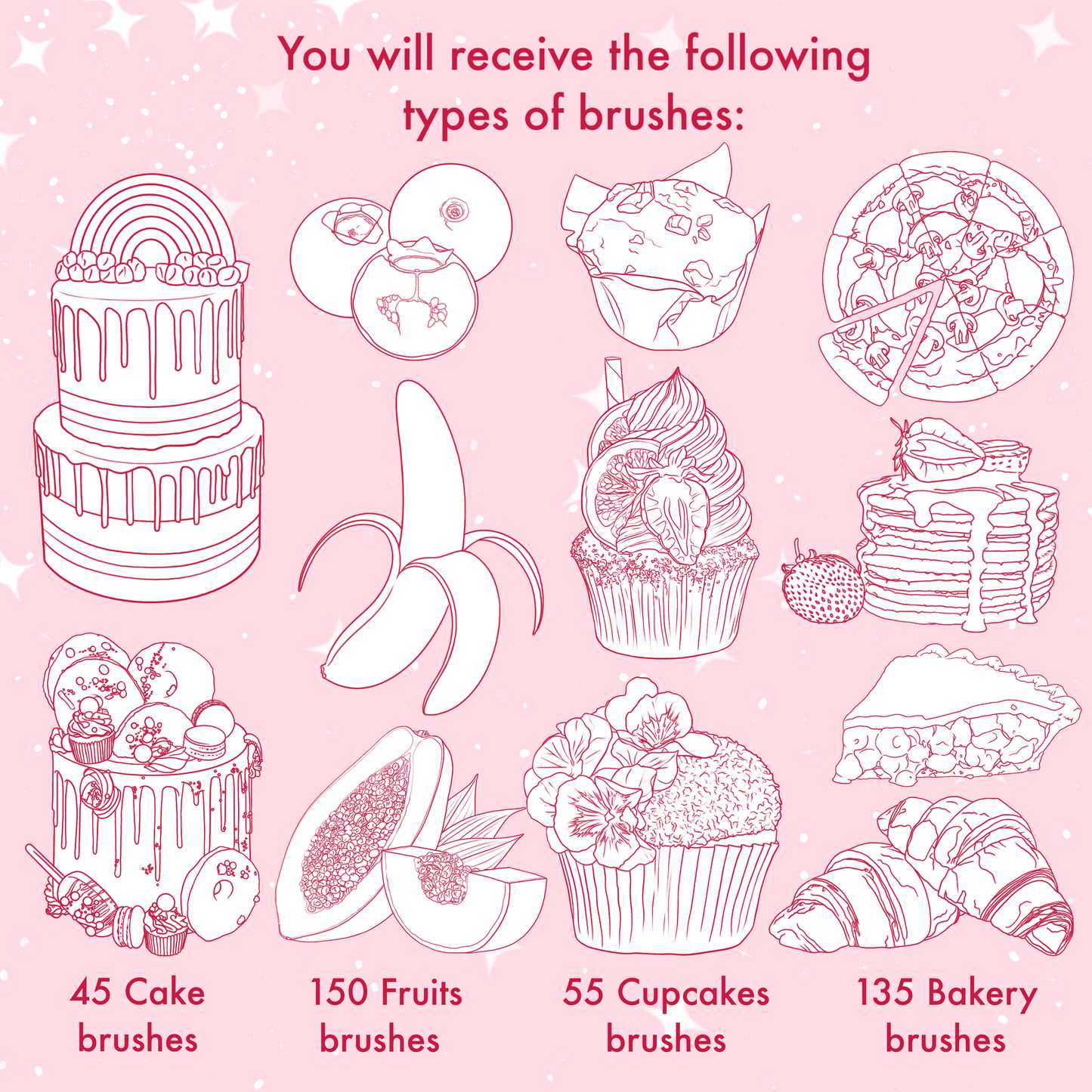 665 Food & Dessert Brushes – Procreate, Photoshop & Clip Studio Paint – Fruit, Candy & Chocolate Set