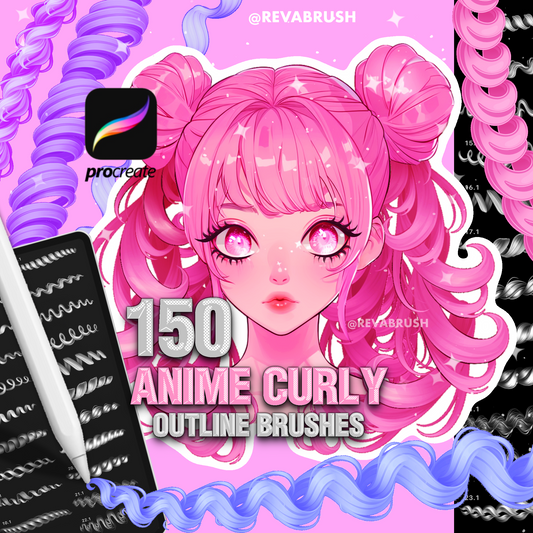 150 Anime Hair Brushes for Procreate – Curly, Outline & Braid Stamps