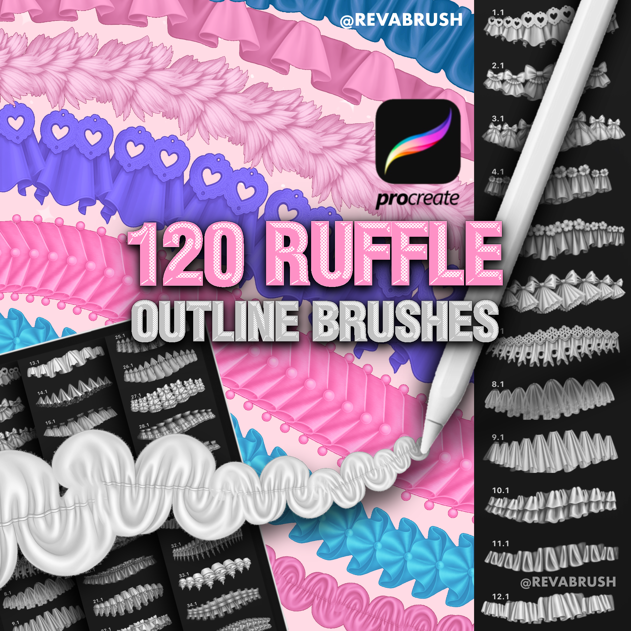 120 Ruffle brushes for Procreate & Photoshop – cover by Revabrush