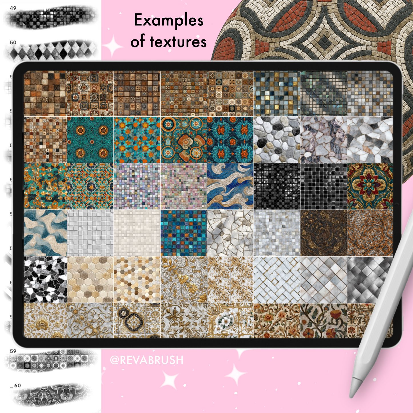 220 Mosaic Texture Brushes – Interior Set for Procreate, Photoshop