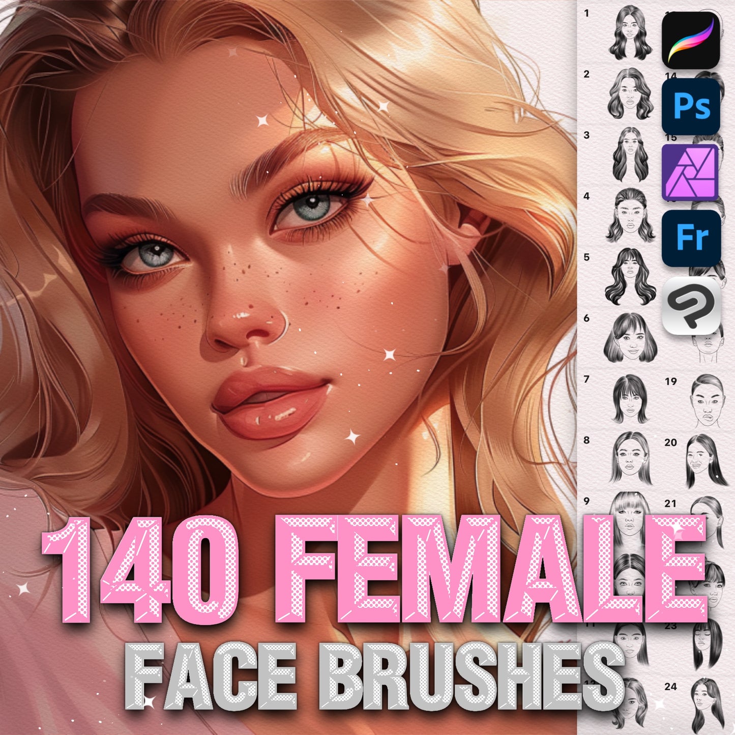 Female Face & Makeup Brushes for Procreate & Photoshop – Portrait & Beauty Set