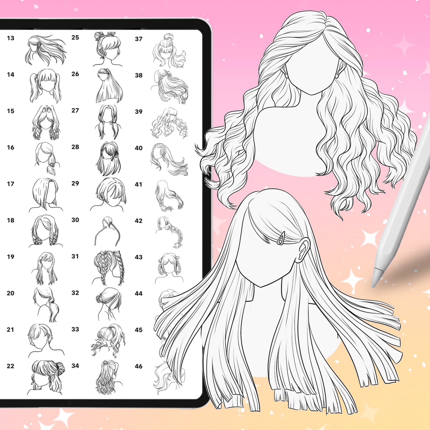 Procreate 애니메이션 헤어 브러시 – 포토샵 및 클립 스튜디오 만화 헤어스타일 및 치비 브러시