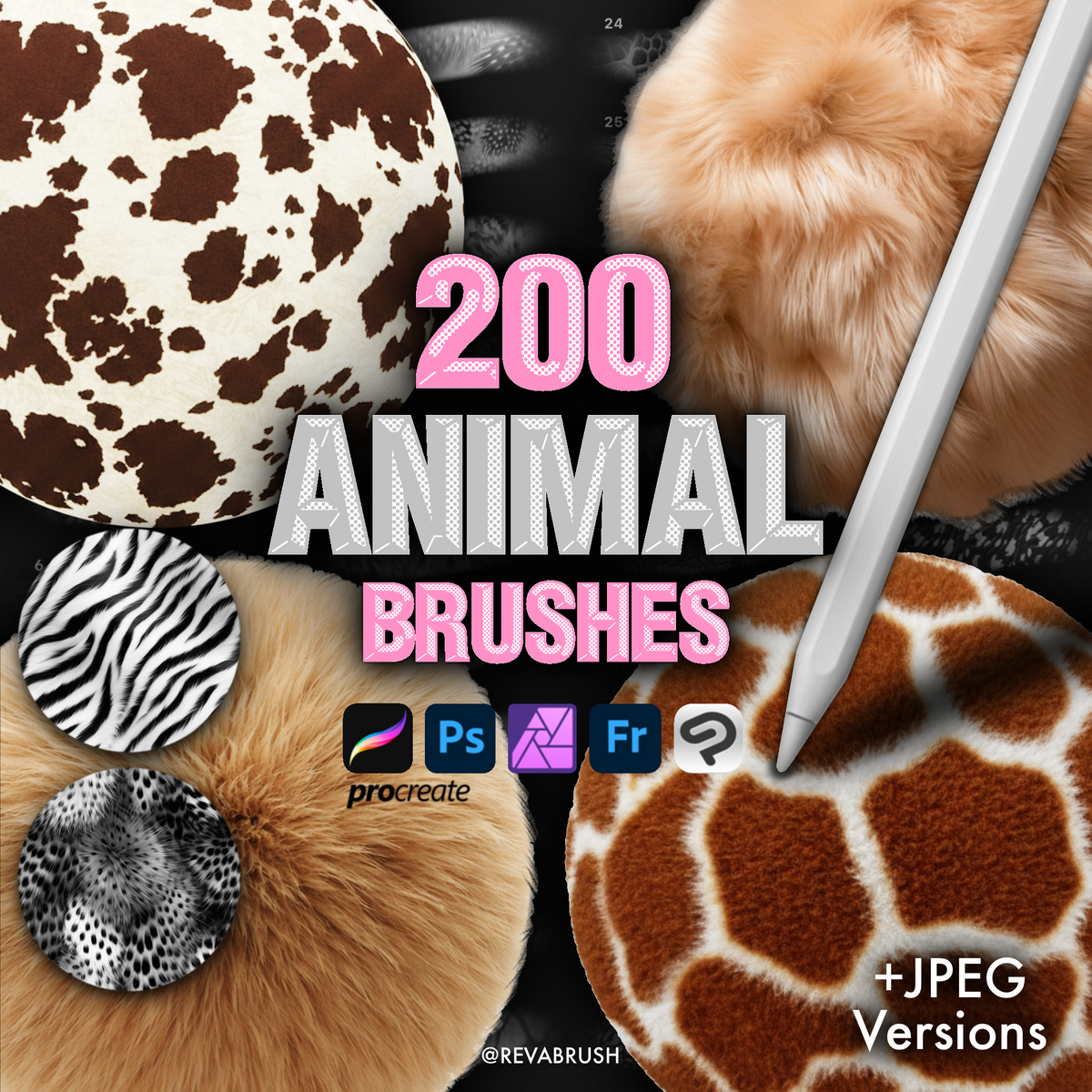200 Animal texture brushes for Procreate & Photoshop – cover by Revabrush