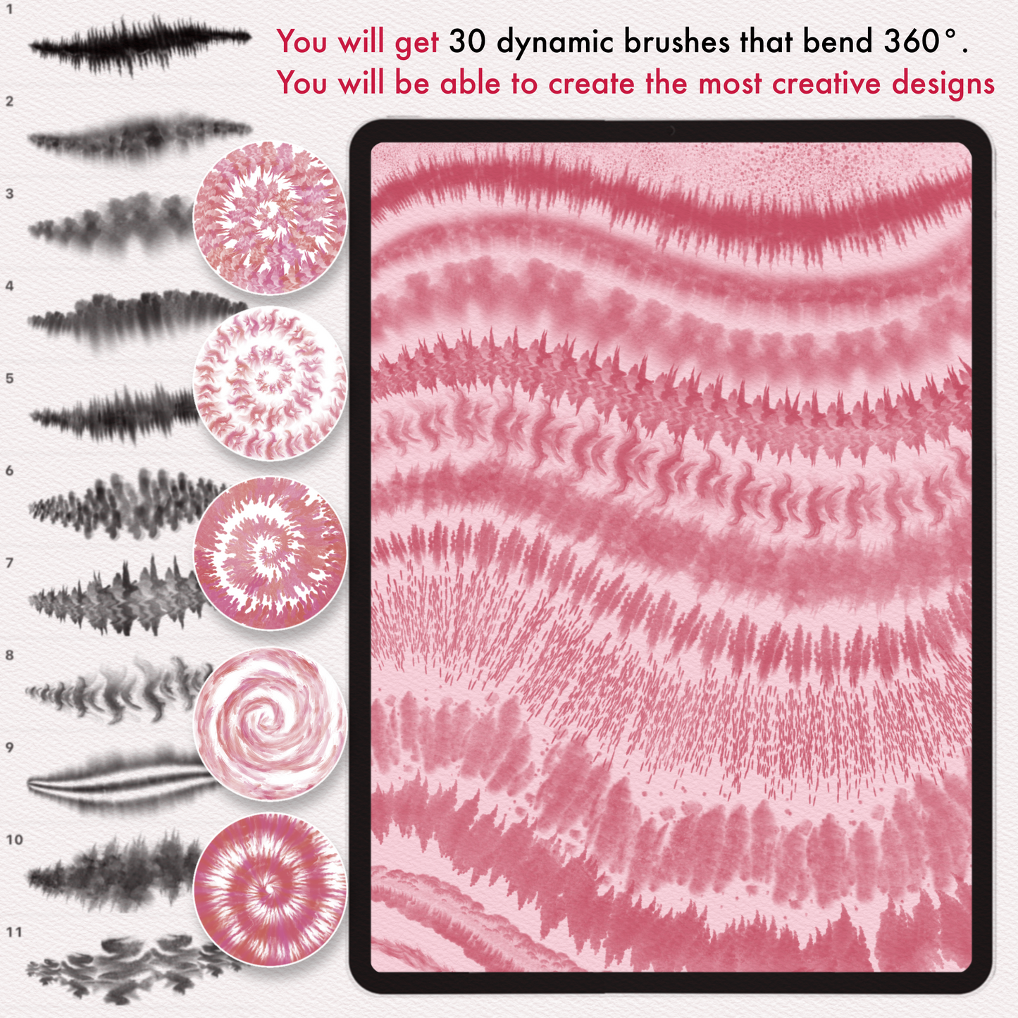 REVABRUSH 30 dynamic tie-dye brushes preview showing swirl patterns and multi-angle brush samples on tablet
