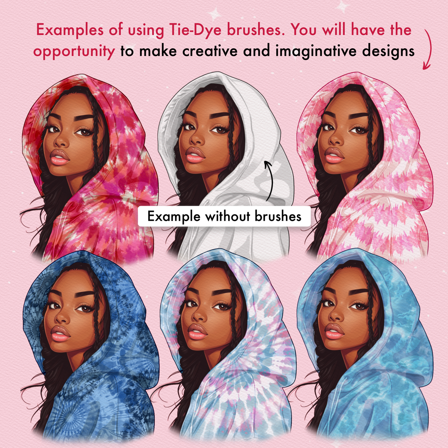 REVABRUSH-Circular samples of dynamic Procreate tie-dye brush patterns demonstrating multi-color swirl and burst effects