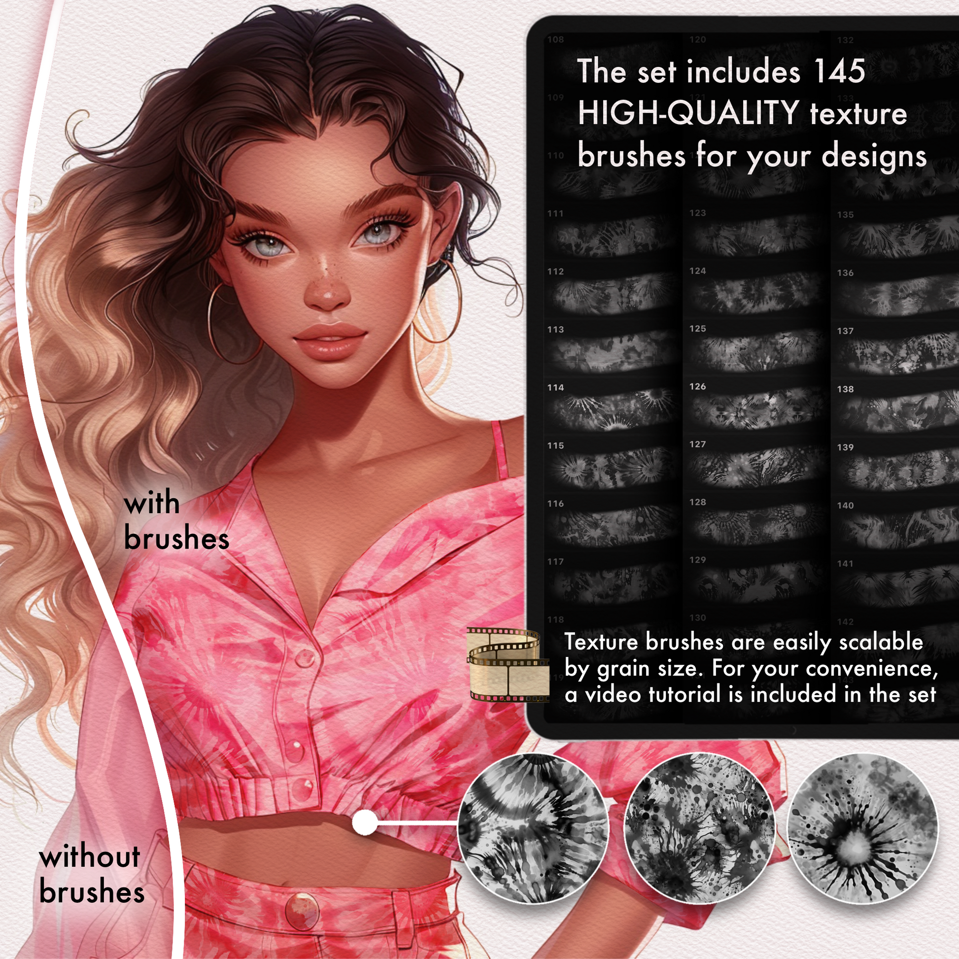 REVABRUSH-Grid preview of 145 high-quality Procreate tie-dye texture brushes for realistic fabric effects
