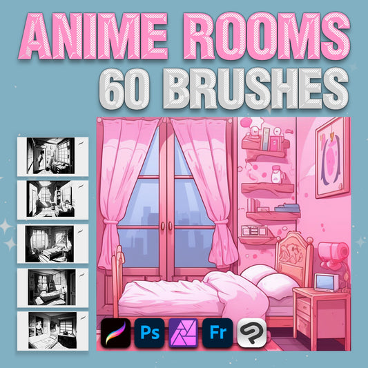 60 Interior & Manga Room Brushes for Procreate & Photoshop – Anime Background Set