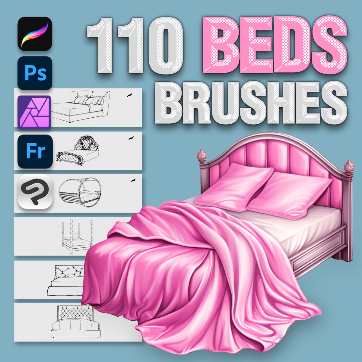 Procreate & Photoshop용 110개 침대 & 소파 브러시 - 침실 & 인테리어 세트