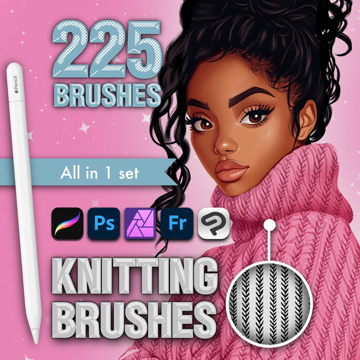 228 Knitted texture brushes for Procreate & Photoshop – cover by Revabrush