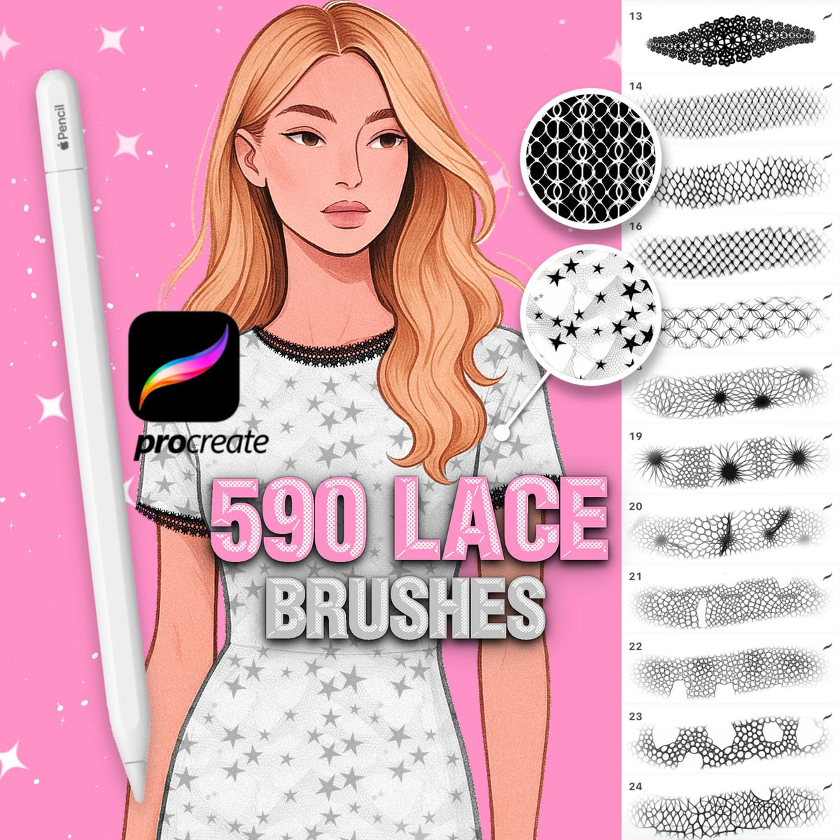 592 Procreate lace brushes for Procreate & Photoshop – cover by Revabrush