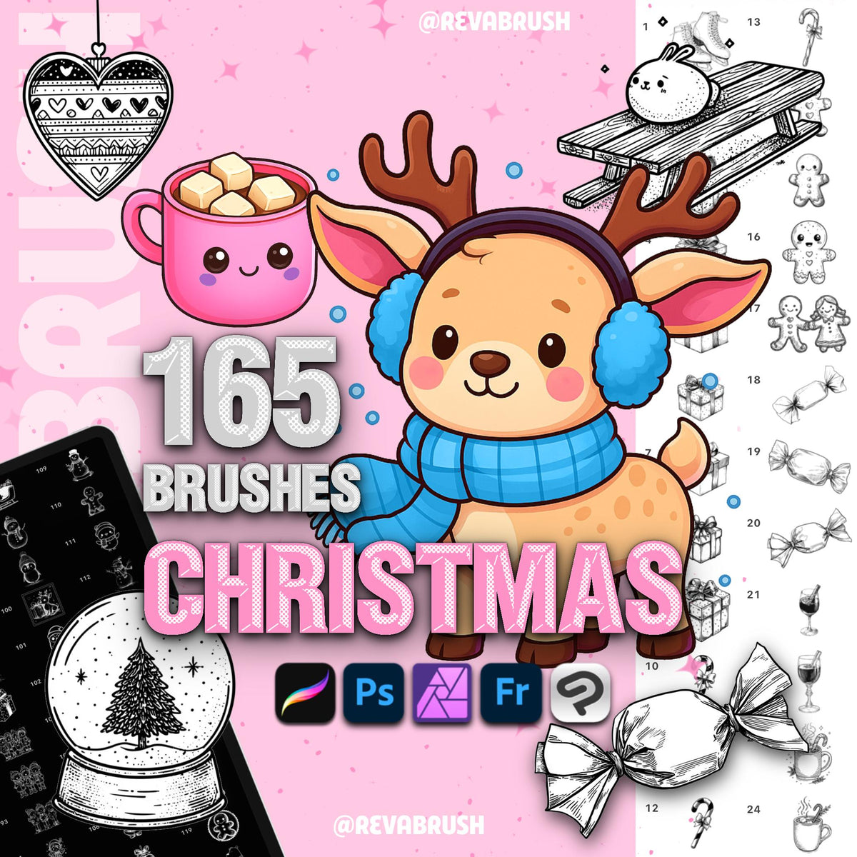 165 Christmas Brushes – Procreate & Photoshop – cover by Revabrush