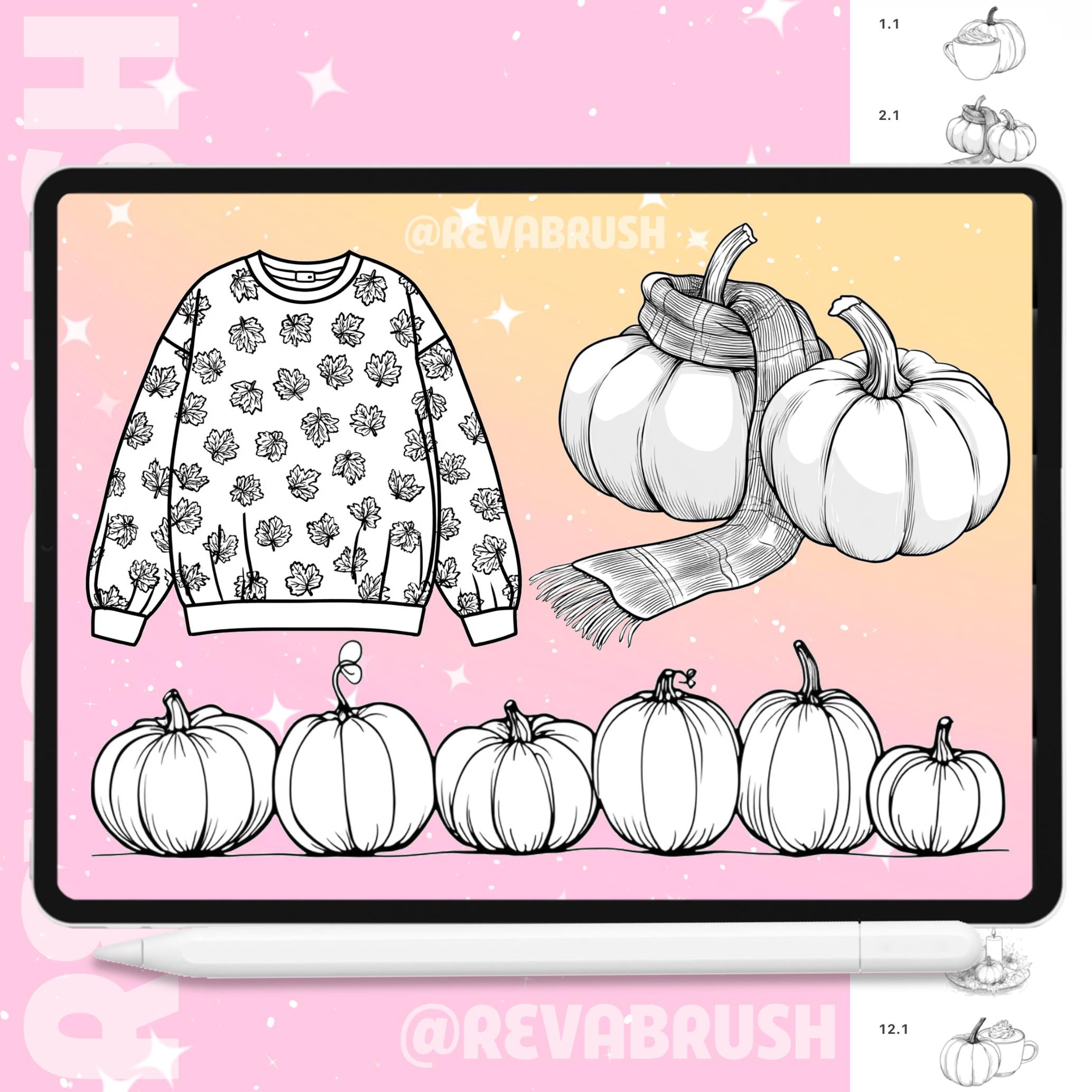 Autumn stamps with pumpkins, fall leaves, sweaters and Halloween elements for Procreate & Photoshop – preview 4
