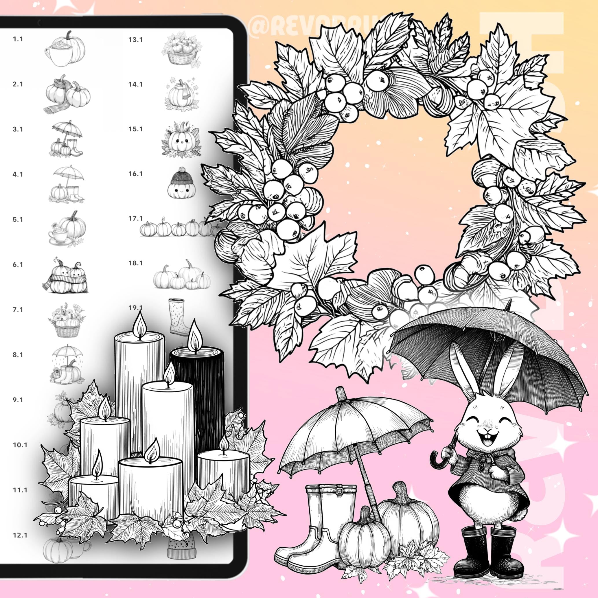 Autumn stamps with pumpkins, fall leaves, sweaters and Halloween elements for Procreate & Photoshop – preview 5