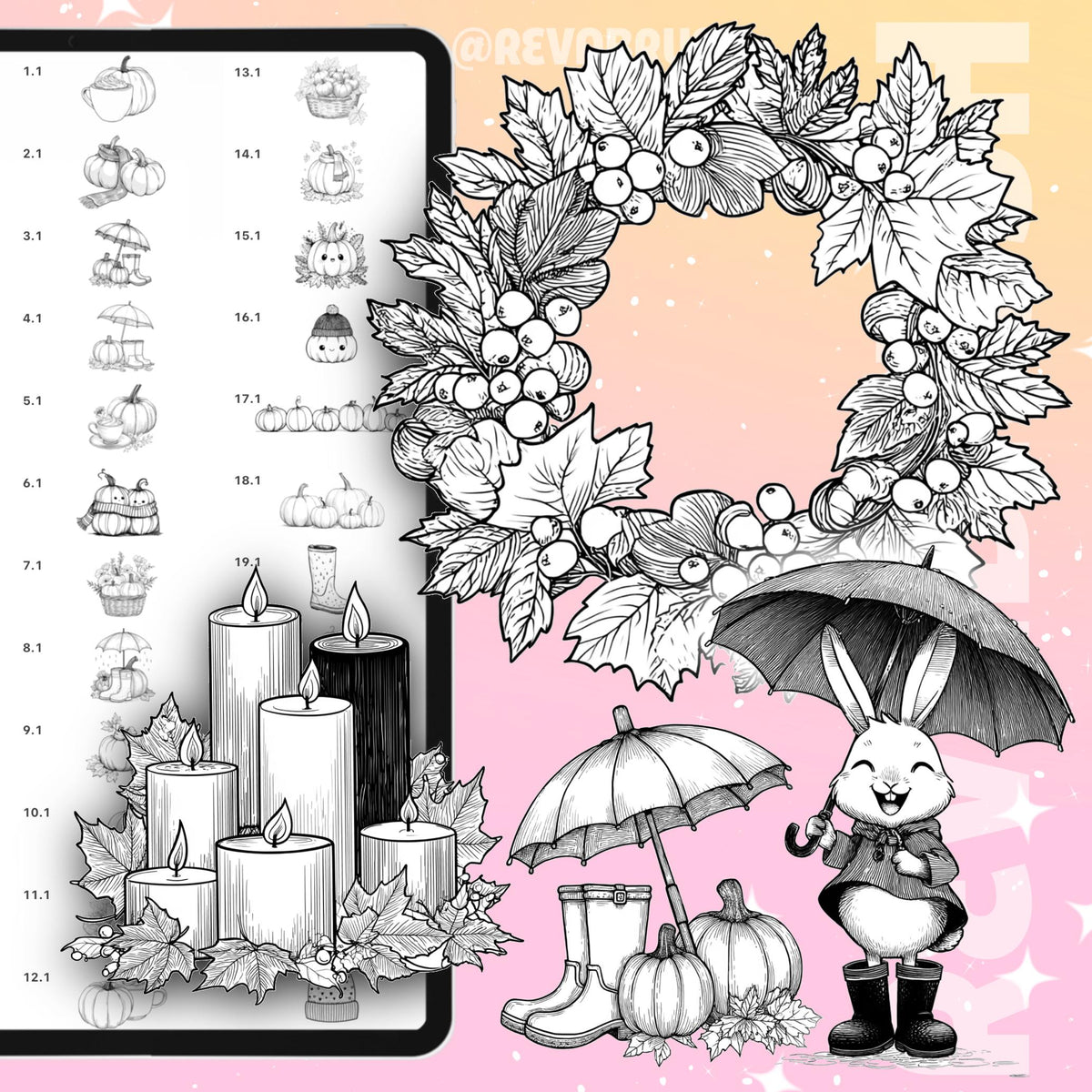 Autumn stamps with pumpkins, fall leaves, sweaters and Halloween elements for Procreate & Photoshop – preview 5