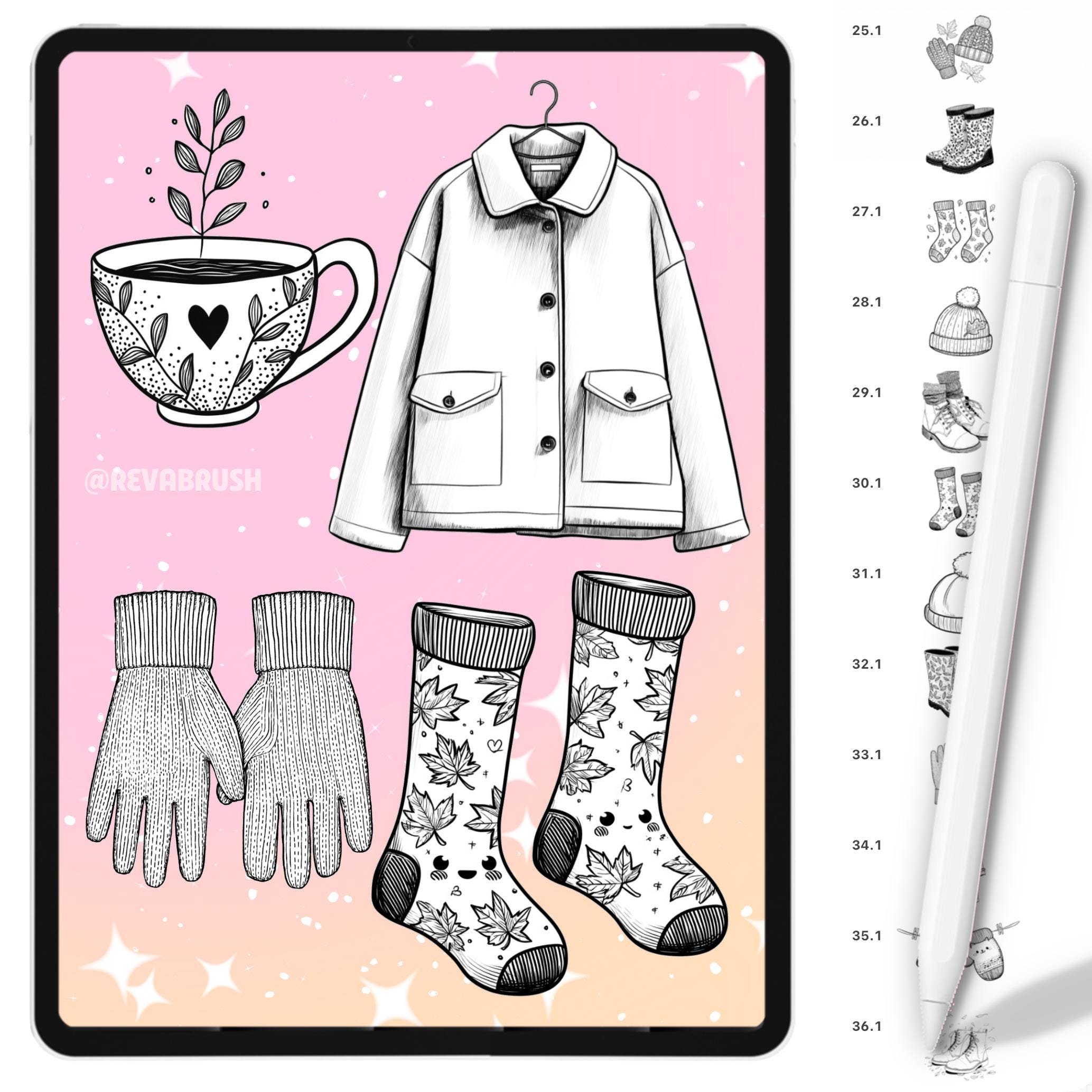 Autumn stamps with pumpkins, fall leaves, sweaters and Halloween elements for Procreate & Photoshop – preview 3