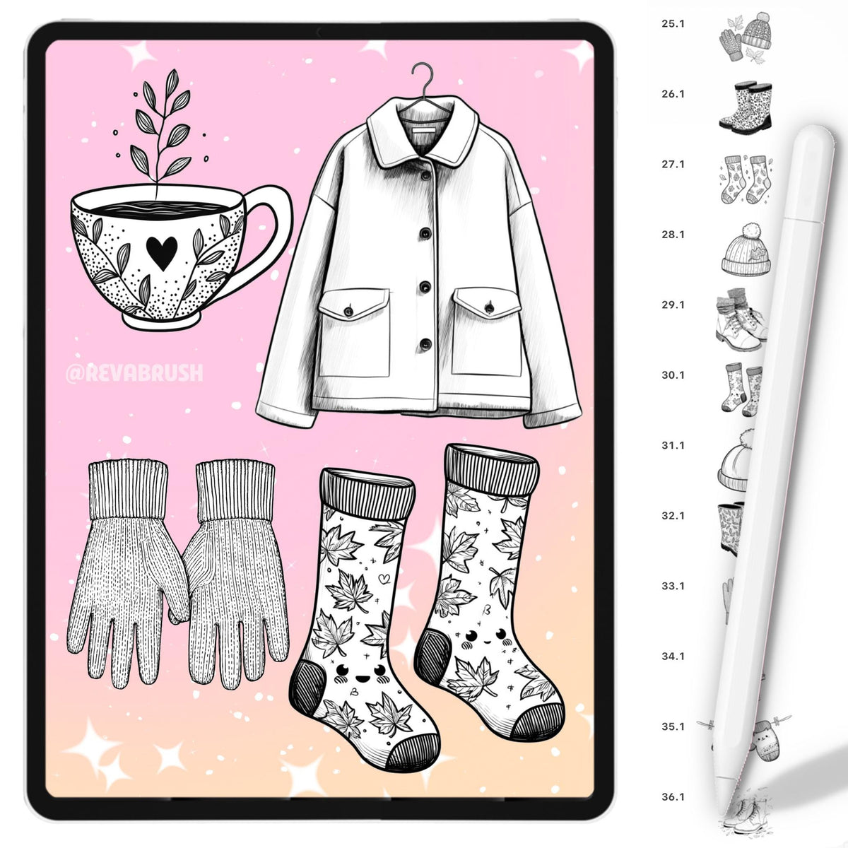 Autumn stamps with pumpkins, fall leaves, sweaters and Halloween elements for Procreate & Photoshop – preview 3