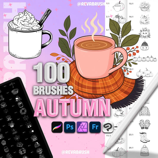 100 Autumn Brushes – Procreate & Photoshop – cover by Revabrush