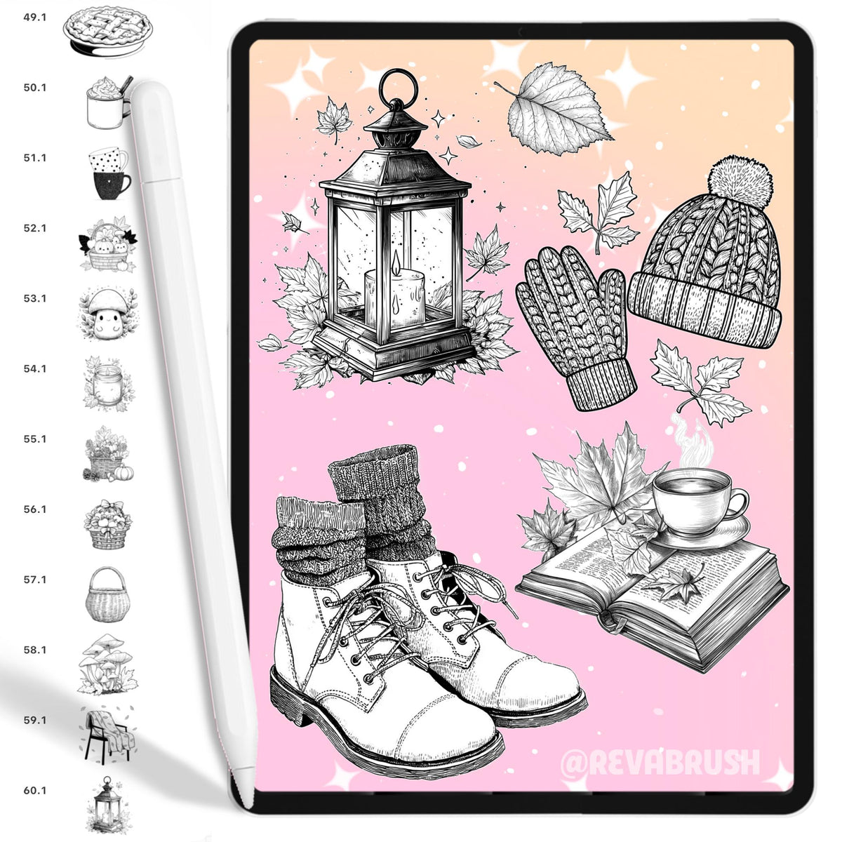 Autumn stamps with pumpkins, fall leaves, sweaters and Halloween elements for Procreate & Photoshop – preview 10