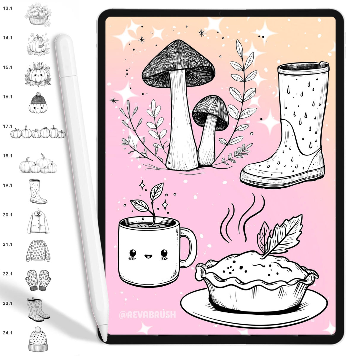 Autumn stamps with pumpkins, fall leaves, sweaters and Halloween elements for Procreate & Photoshop – preview 12