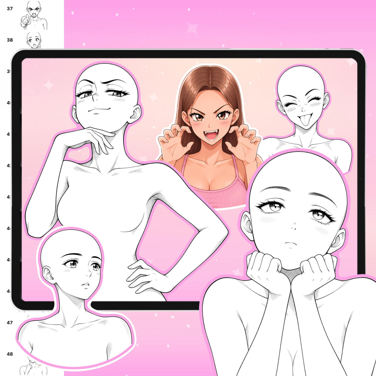 Female anime pose stamps with different expressions for Procreate & Photoshop – preview 6