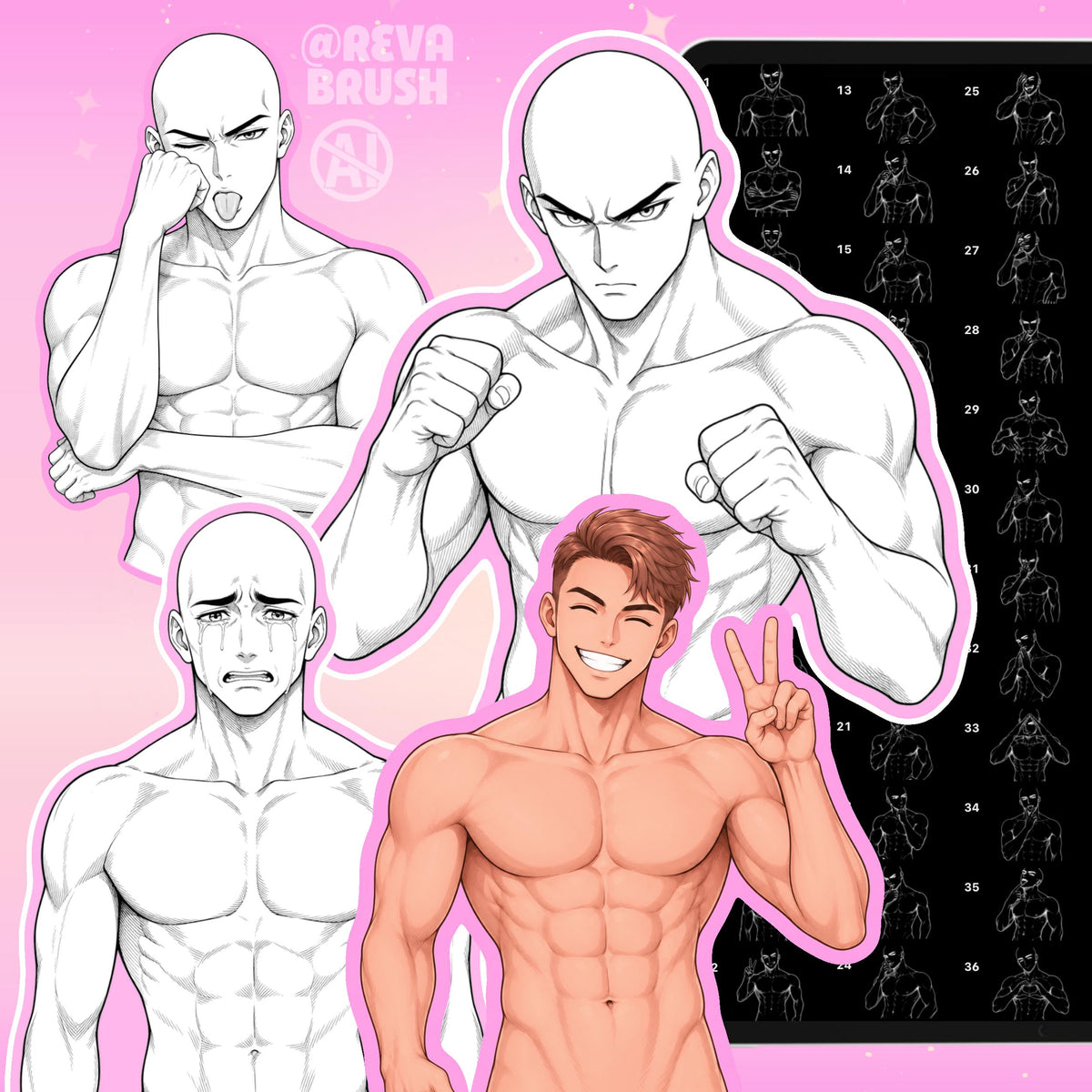 Male anime pose stamps with different expressions for Procreate & Photoshop – preview 5