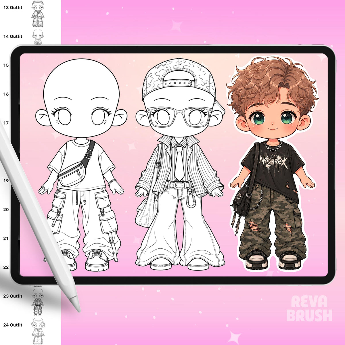 Chibi pose stamps with outfits already drawn for Procreate & Photoshop – preview 13