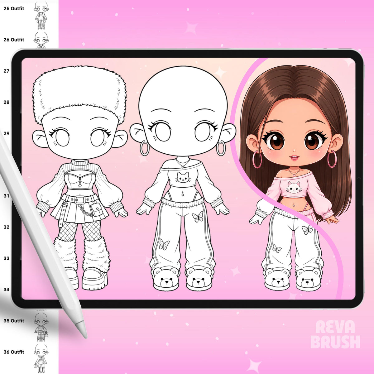 Chibi pose stamps with outfits already drawn for Procreate & Photoshop – preview 7