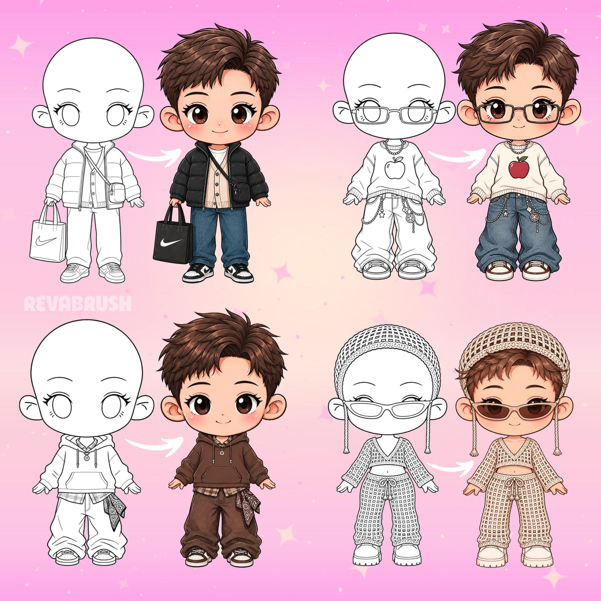 Chibi pose stamps with outfits already drawn for Procreate & Photoshop – preview 8