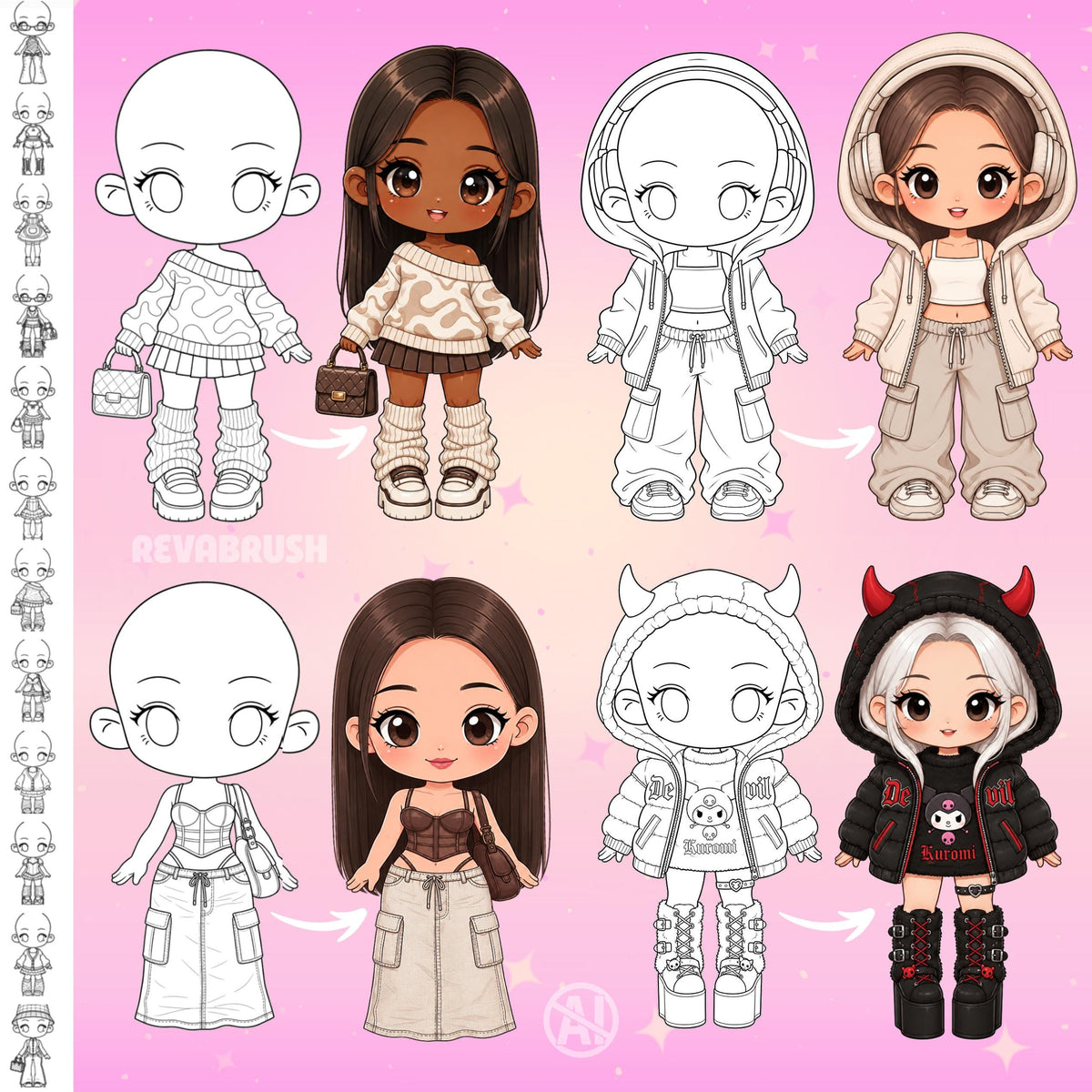 Chibi pose stamps with outfits already drawn for Procreate & Photoshop – preview 14