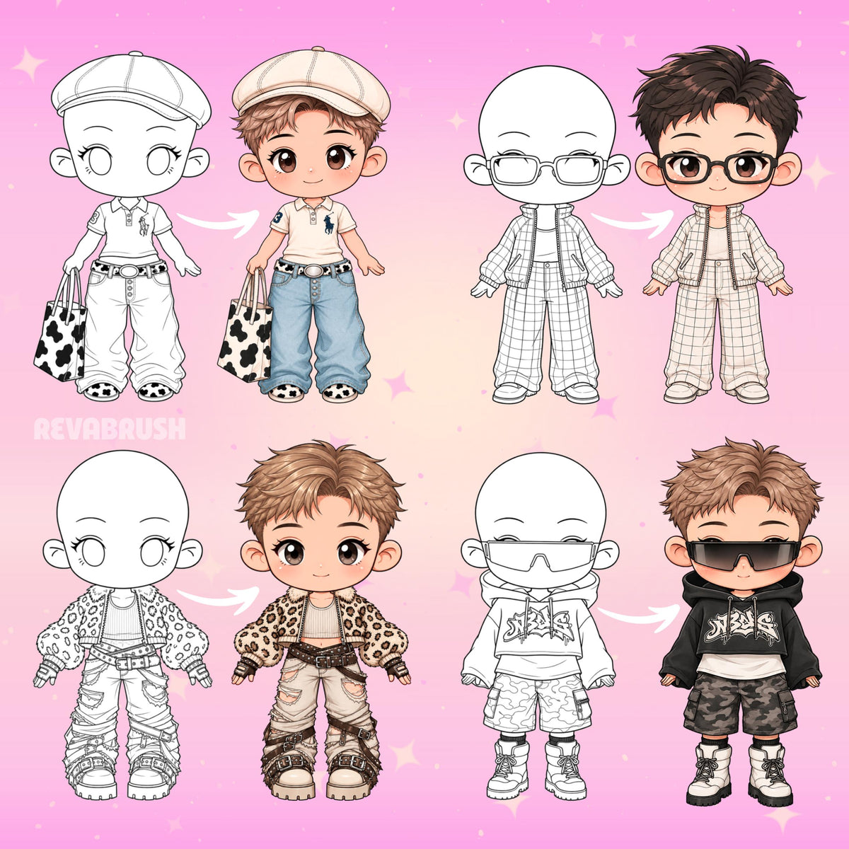 Chibi pose stamps with outfits already drawn for Procreate & Photoshop – preview 5
