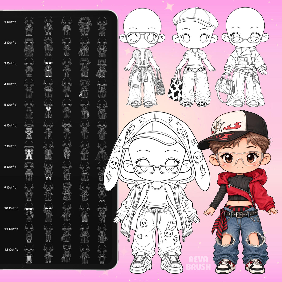 Chibi pose stamps with outfits already drawn for Procreate & Photoshop – preview 12