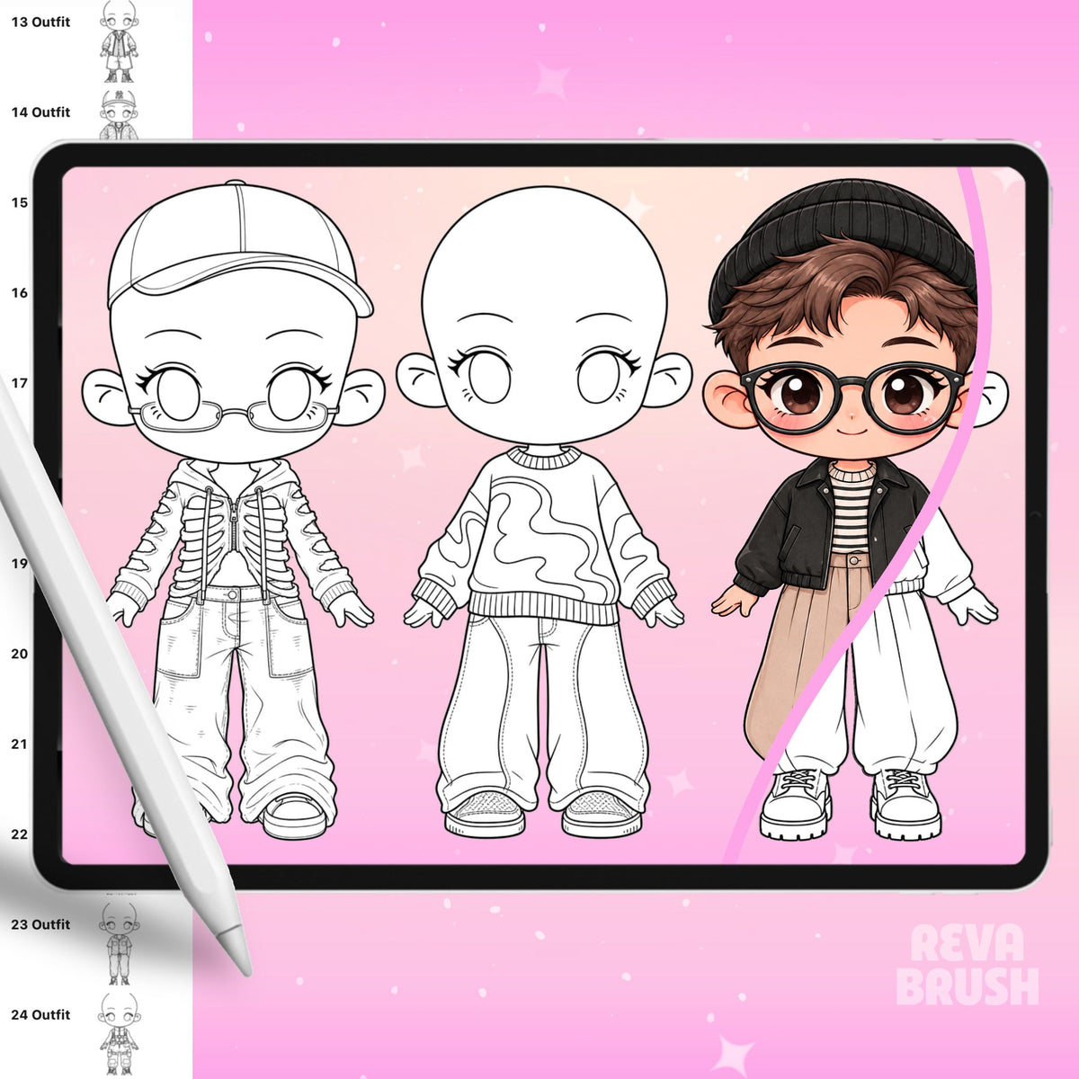 Chibi pose stamps with outfits already drawn for Procreate & Photoshop – preview 10