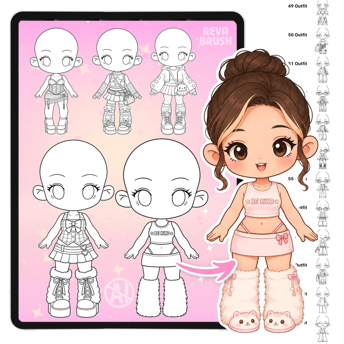 Chibi pose stamps with outfits already drawn for Procreate & Photoshop – preview 2
