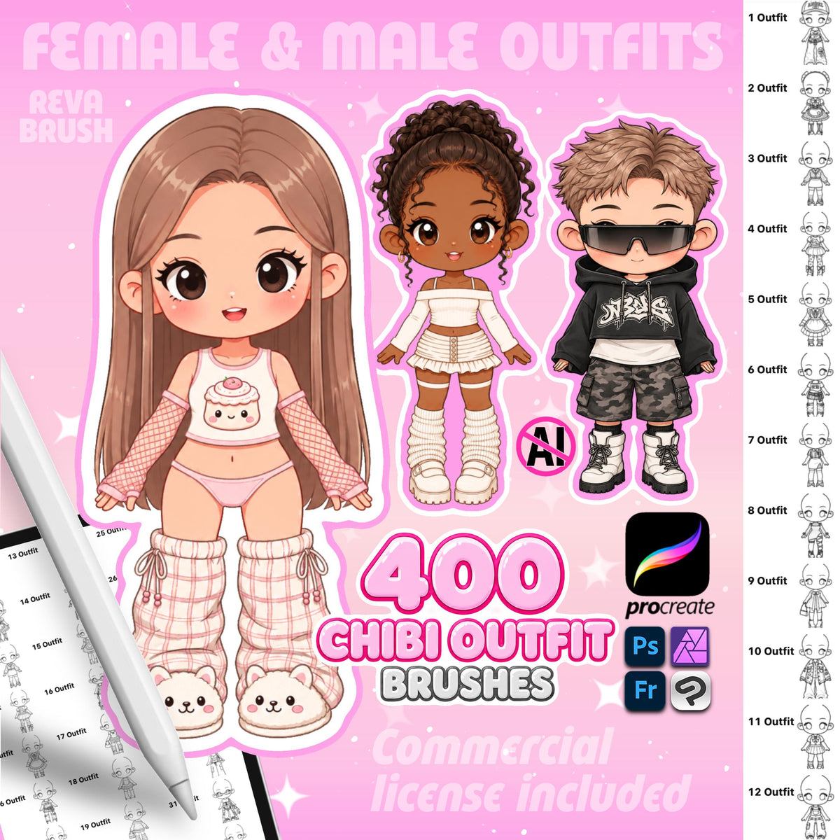 400 Chibi Outfit Brushes – Procreate & Photoshop – cover by Revabrush