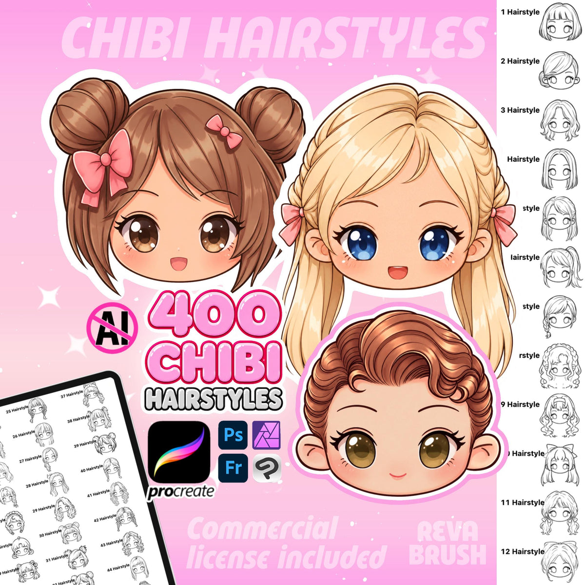 400 Chibi Hairstyle Brushes – Procreate & Photoshop – cover by Revabrush
