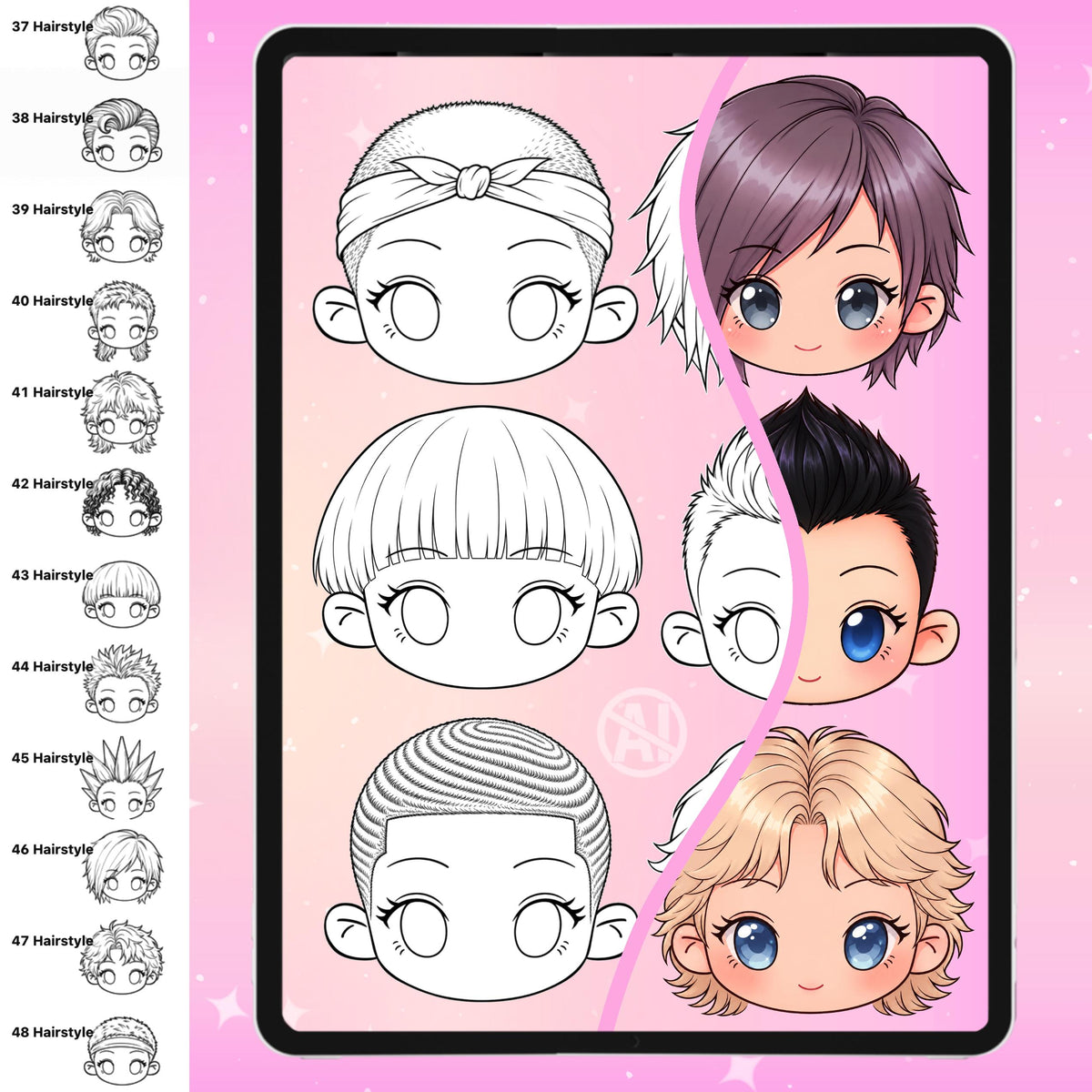 Chibi face and hairstyle stamps for female and male characters for Procreate & Photoshop – preview 6