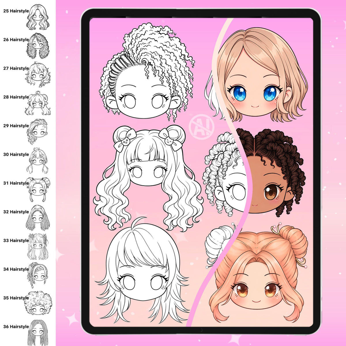 Chibi face and hairstyle stamps for female and male characters for Procreate & Photoshop – preview 9