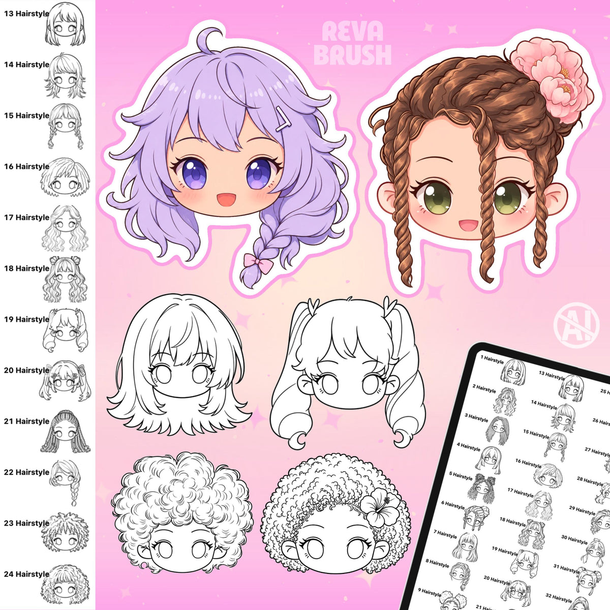 Chibi face and hairstyle stamps for female and male characters for Procreate & Photoshop – preview 11