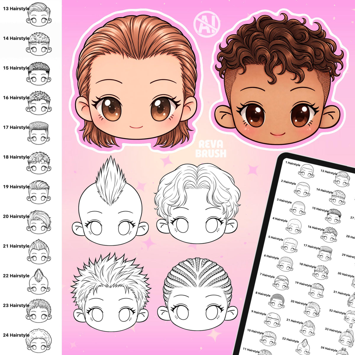 Chibi face and hairstyle stamps for female and male characters for Procreate & Photoshop – preview 12