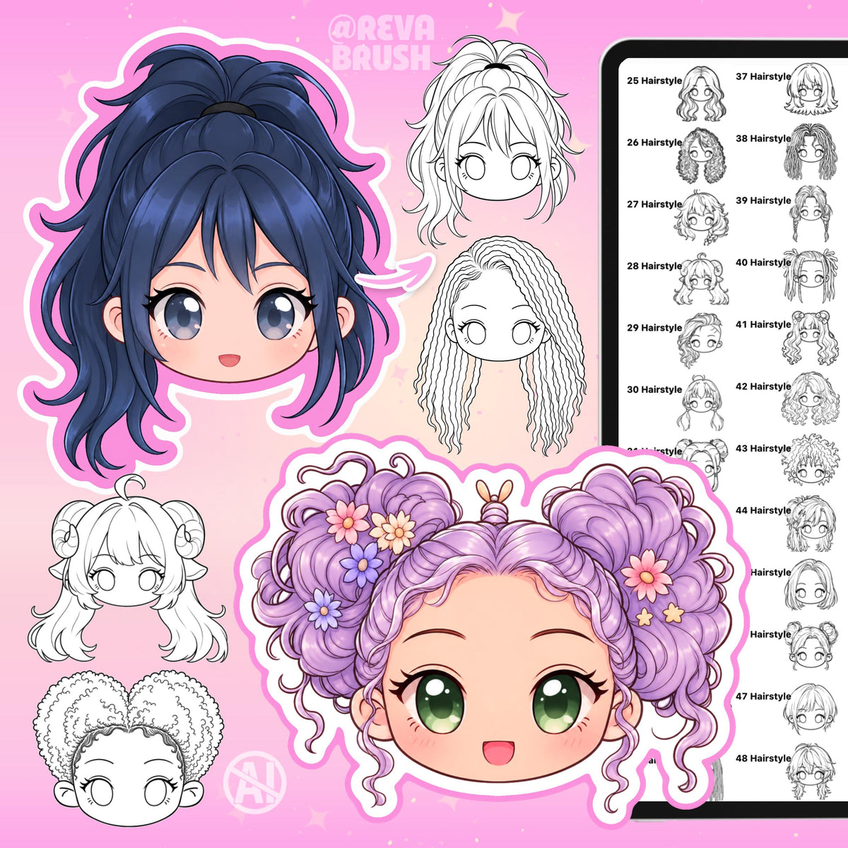 Chibi face and hairstyle stamps for female and male characters for Procreate & Photoshop – preview 3