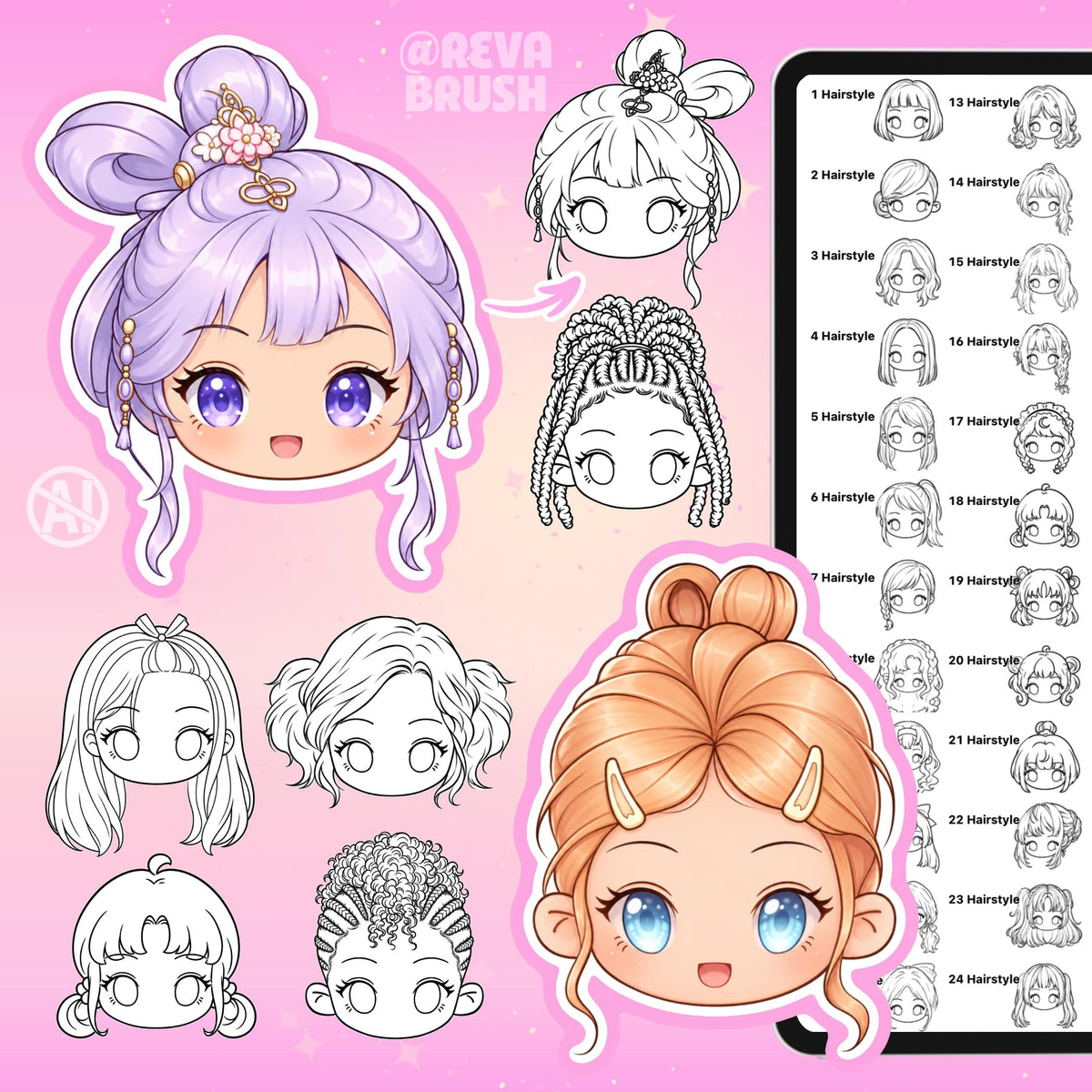 Chibi face and hairstyle stamps for female and male characters for Procreate & Photoshop – preview 15