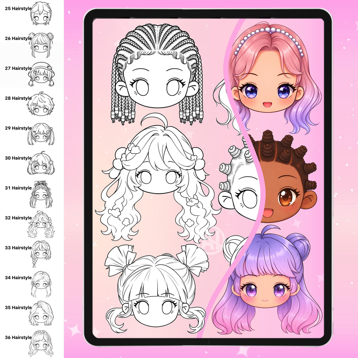 Chibi face and hairstyle stamps for female and male characters for Procreate & Photoshop – preview 13