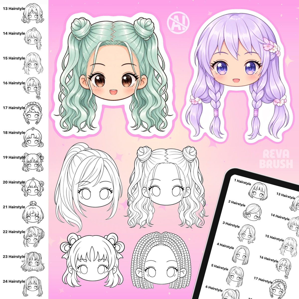 Chibi face and hairstyle stamps for female and male characters for Procreate & Photoshop – preview 14