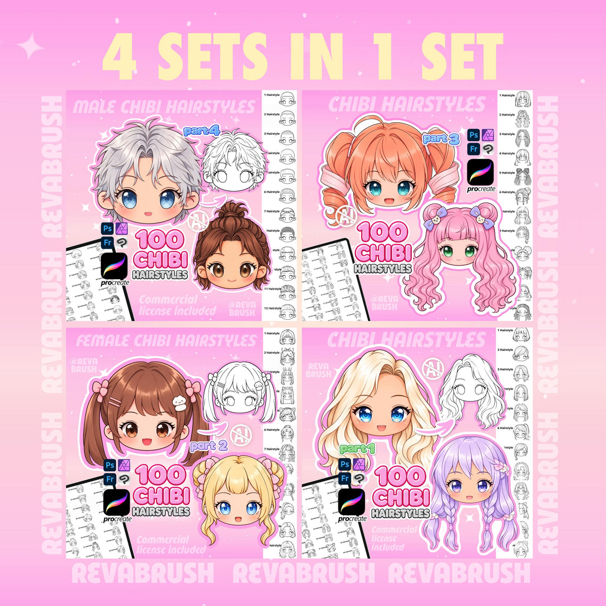 Chibi face and hairstyle stamps for female and male characters for Procreate & Photoshop – preview 7