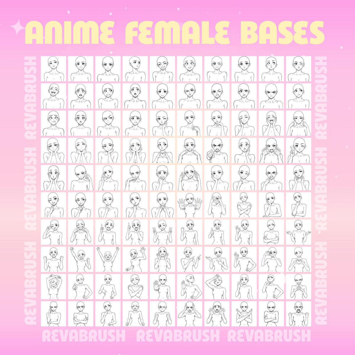 Female anime pose stamps with different expressions for Procreate & Photoshop – preview 4