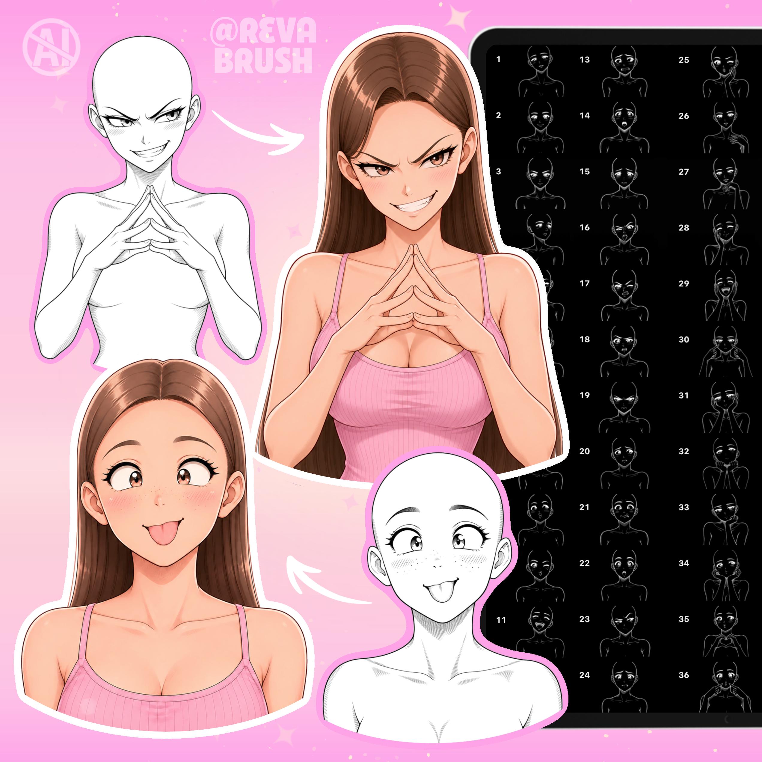 Female anime pose stamps with different expressions for Procreate & Photoshop – preview 5