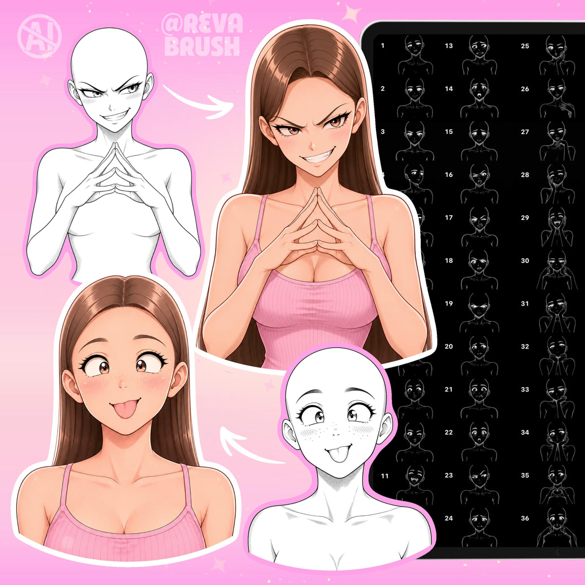 Female anime pose stamps with different expressions for Procreate & Photoshop – preview 5