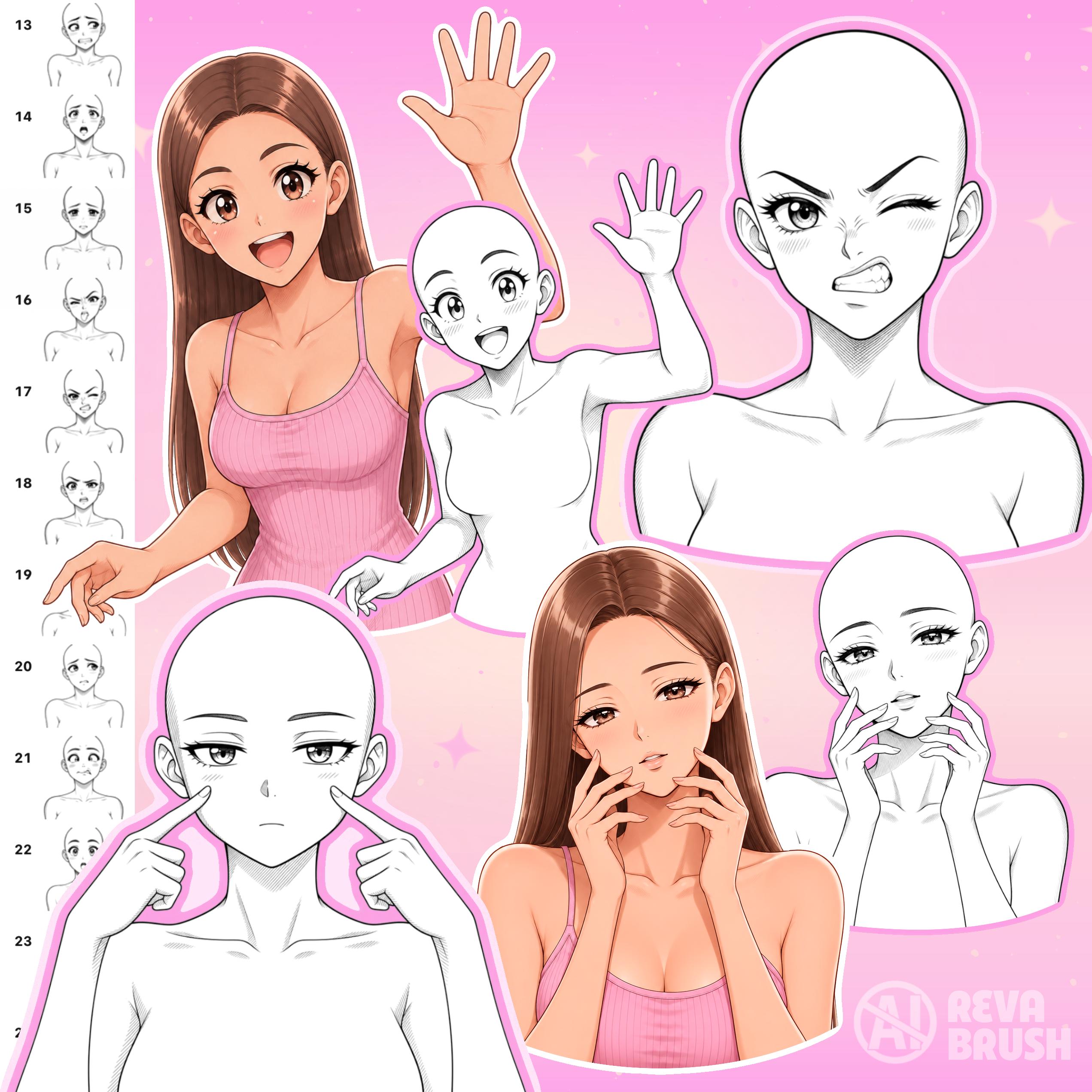 Female anime pose stamps with different expressions for Procreate & Photoshop – preview 3