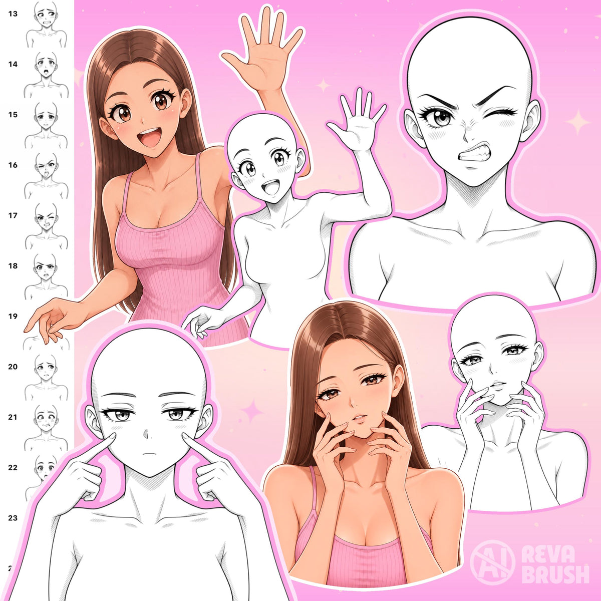 Female anime pose stamps with different expressions for Procreate & Photoshop – preview 3