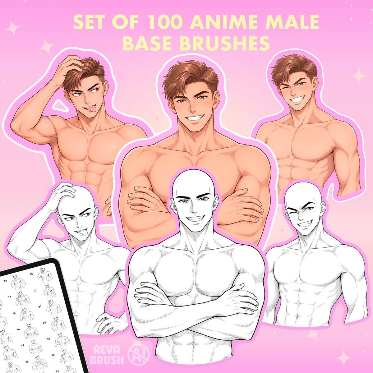 Male anime pose stamps with different expressions for Procreate & Photoshop – preview 2